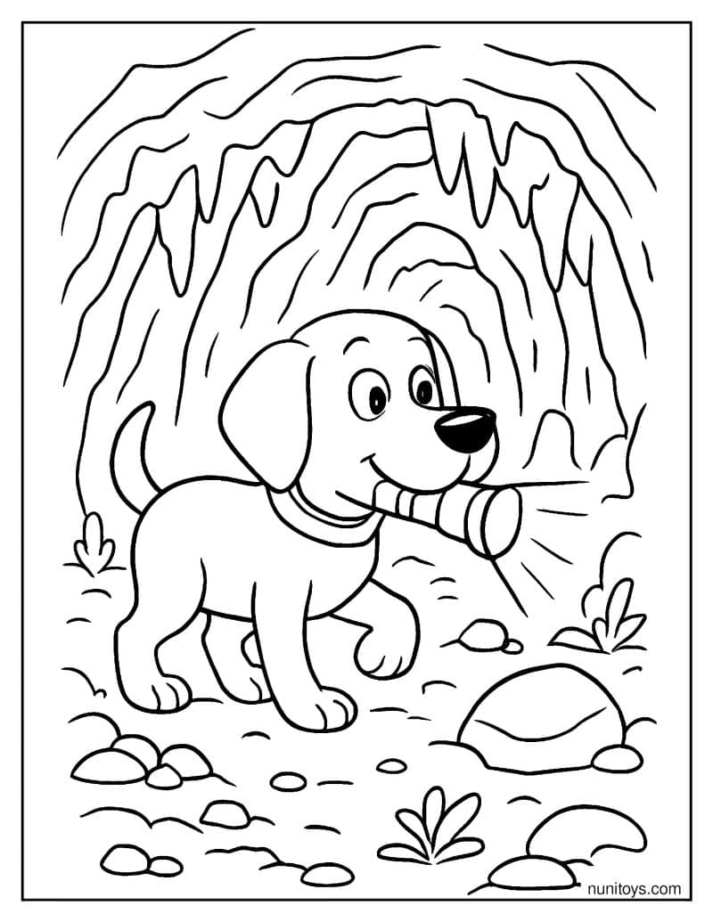 דף צביעה של כלב חוקר מערה עם פנס