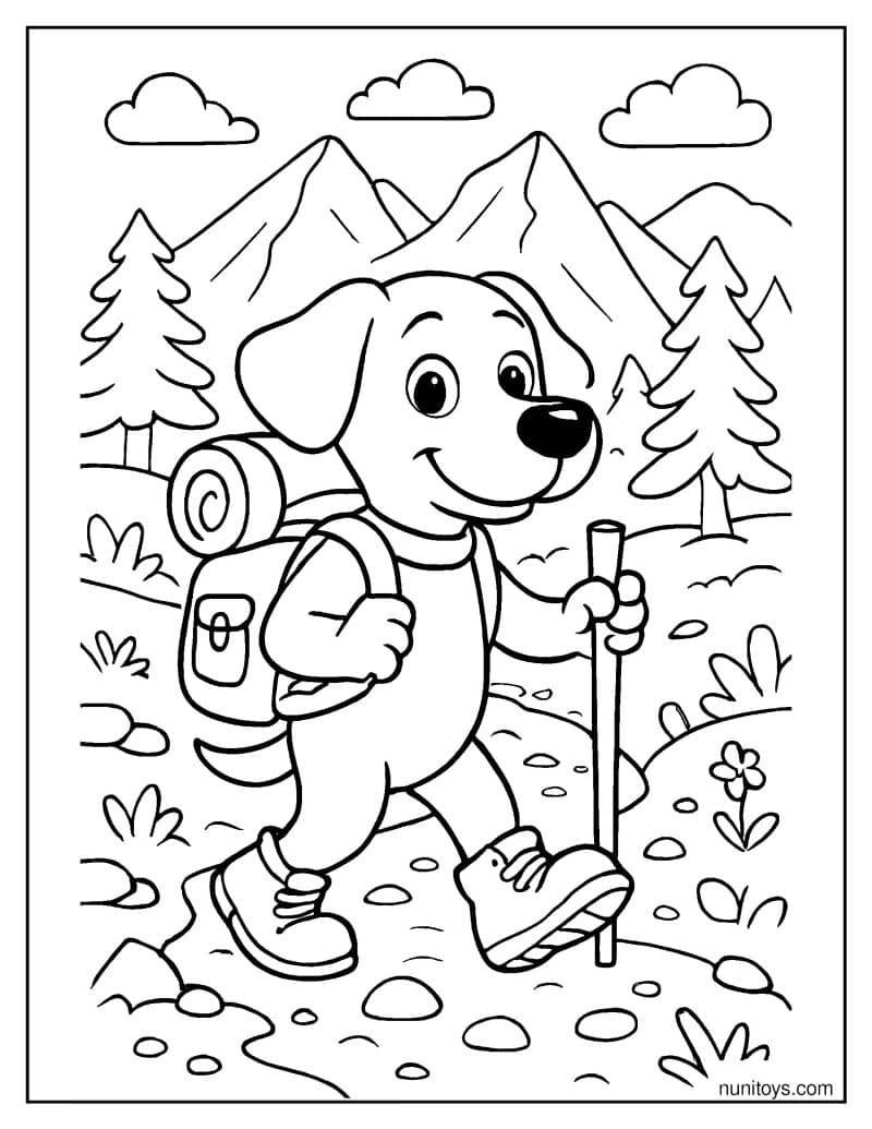 דף צביעה של כלב מטייל בהרים עם תרמיל