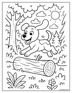 דף צביעה של כלב קופץ מעל גזע עץ ביער