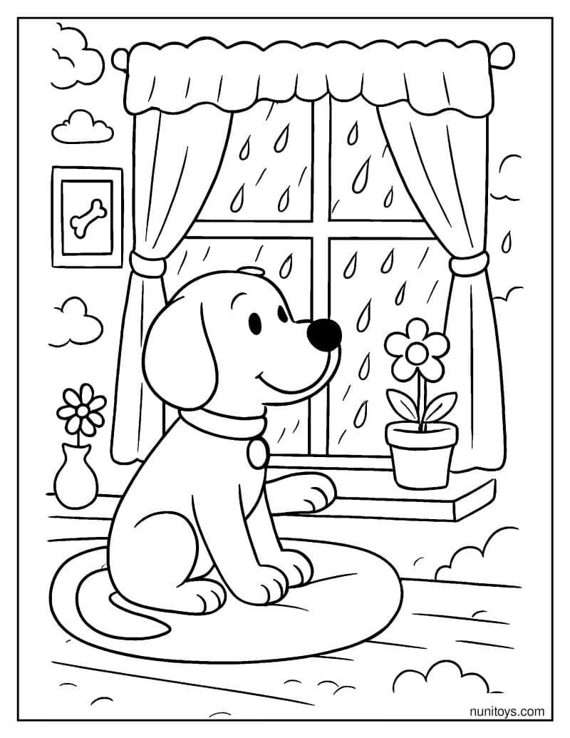 דף צביעה של כלב מתבונן בגשם מהחלון