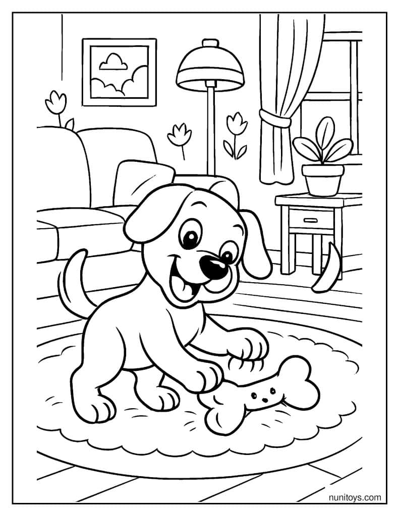 דף צביעה של כלב משחק עם עצם בסלון