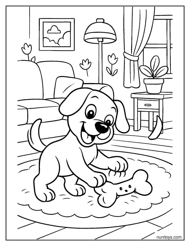 דף צביעה של כלב משחק עם עצם בסלון