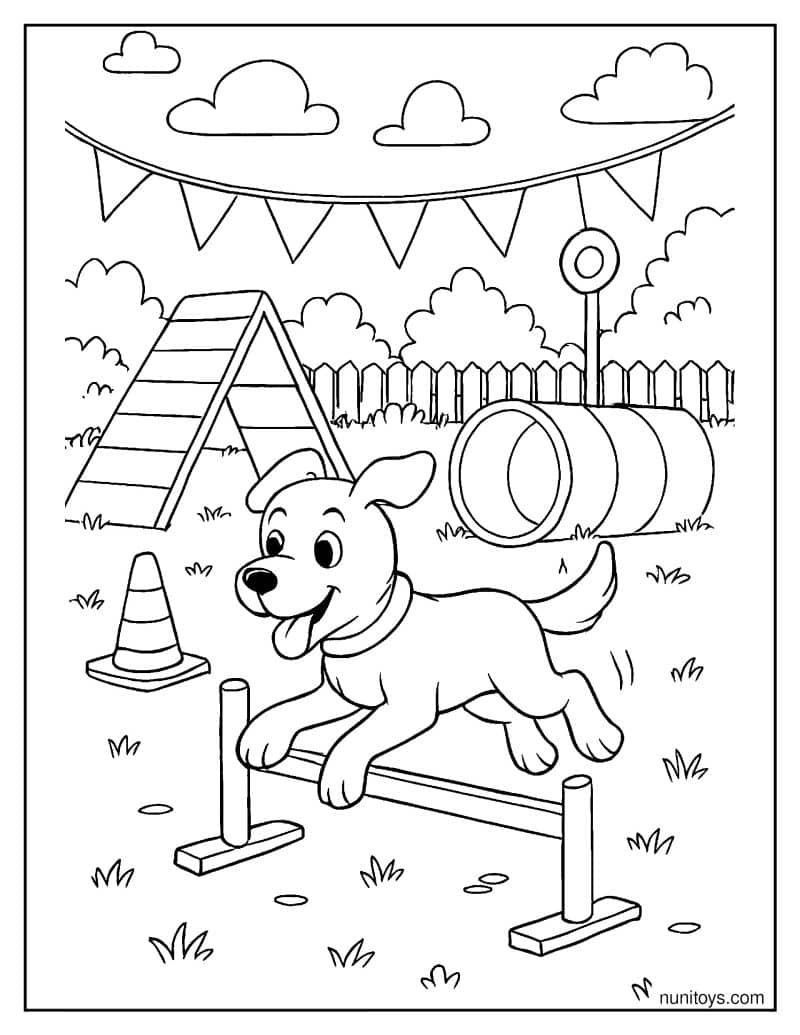 דף צביעה של כלב עובר מסלול מכשולים בגינה