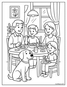 דף צביעה של כלב חמוד יושב ליד שולחן האוכל עם המשפחה