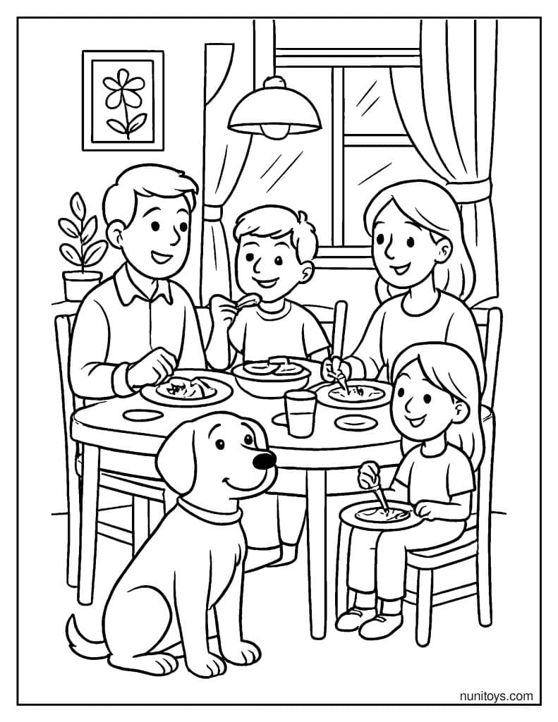 דף צביעה של כלב חמוד יושב ליד שולחן האוכל עם המשפחה