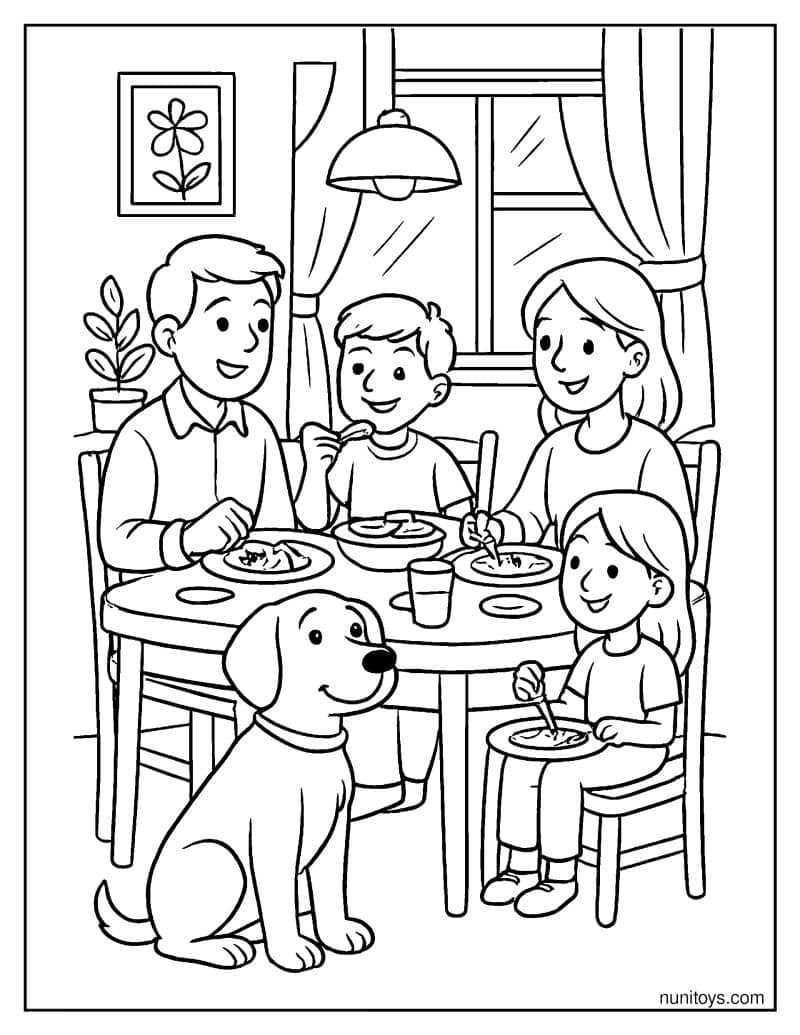 דף צביעה של כלב חמוד יושב ליד שולחן האוכל עם המשפחה
