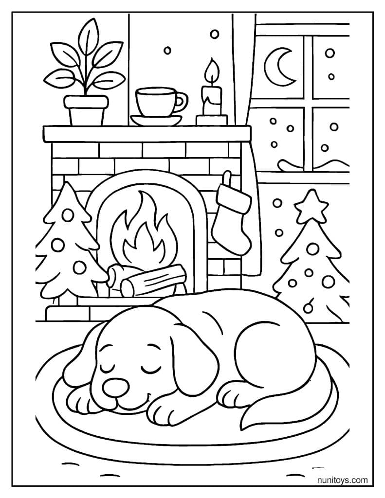 Dog Sleeping Beside a Fireplace Coloring Page