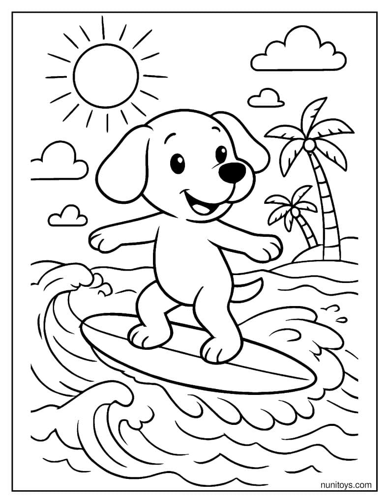 דף צביעה של כלב גולש על גלים בים