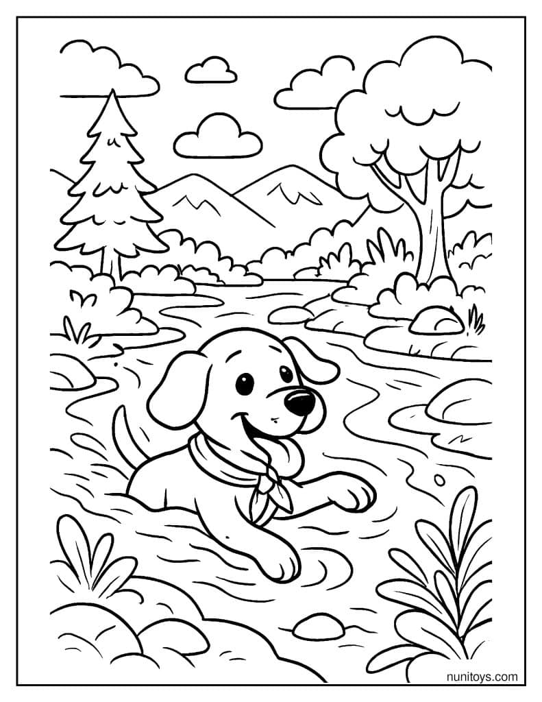 Dog Swimming Across a River on a Survival Journey Coloring Page