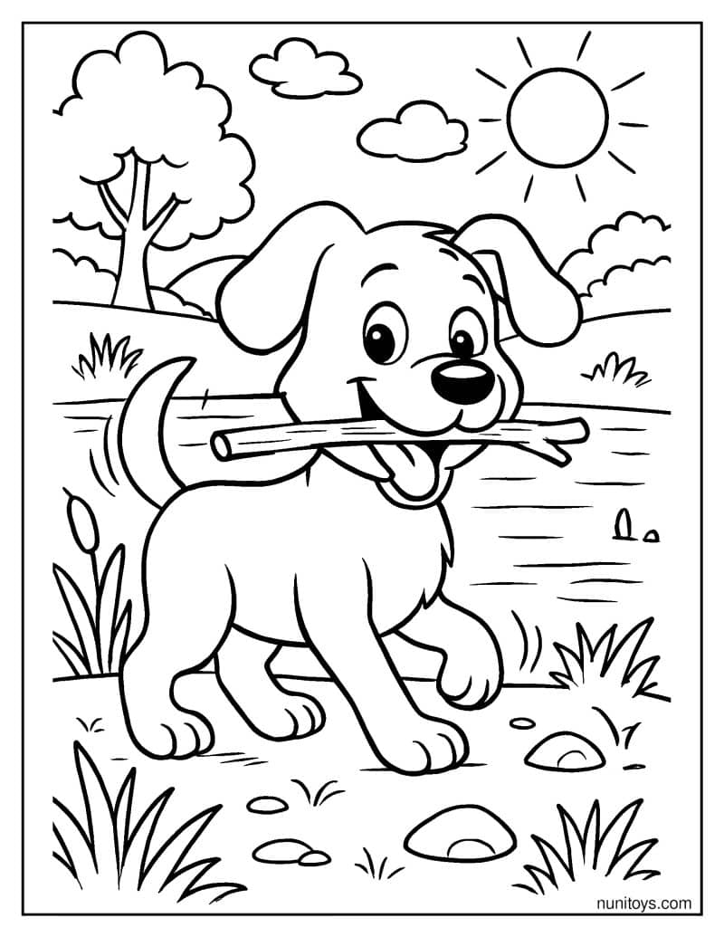 דף צביעה של כלב חמוד מחזיק מקל ליד הנהר