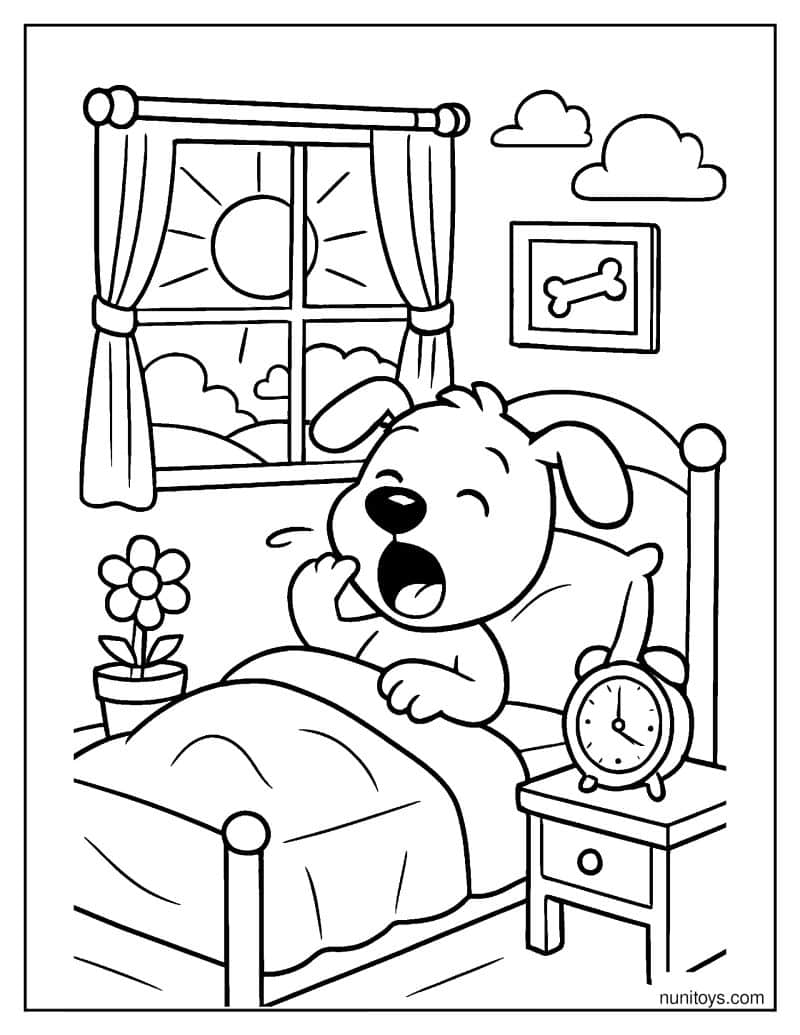 דף צביעה של כלב חמוד מתעורר בבוקר במיטה