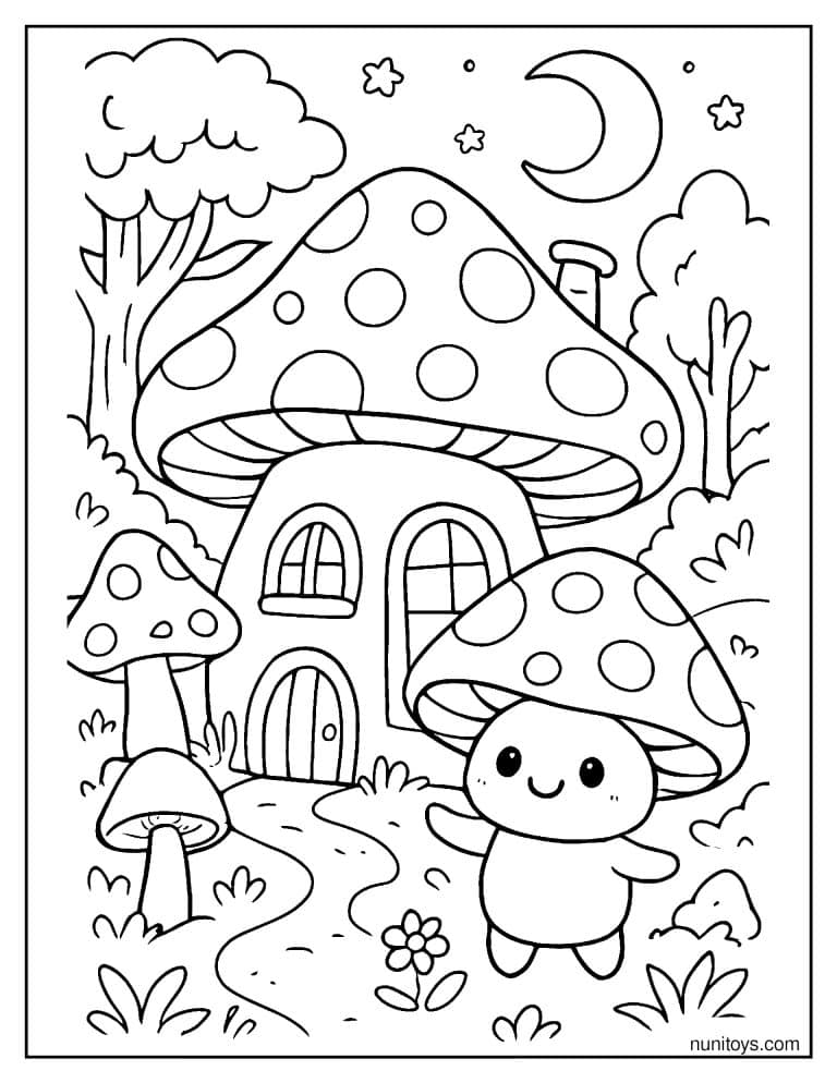 Coloriage maison champignon avec petit personnage sous la lune