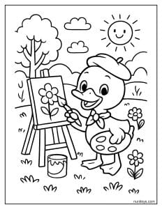 ברווז צייר מצייר פרח בשדה דף צביעה לילדים