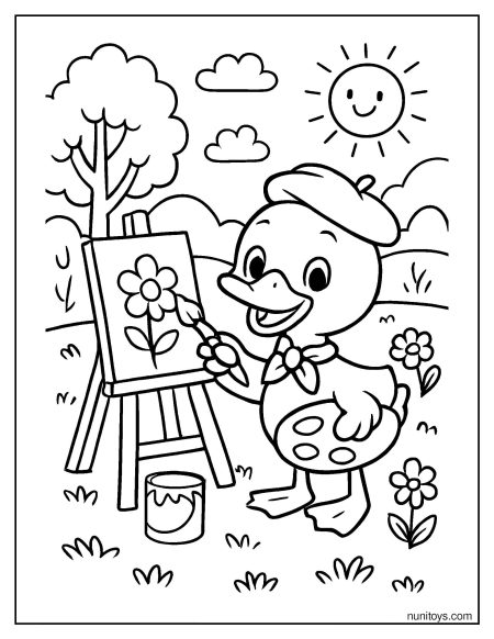 ברווז צייר מצייר פרח בשדה דף צביעה לילדים