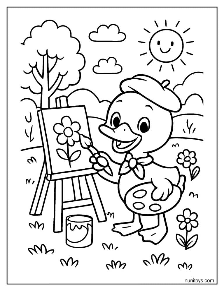 Coloriage canard artiste peignant une fleur sur un chevalet