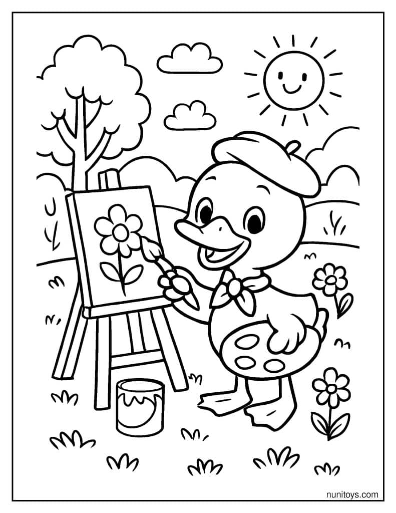 ברווז צייר מצייר פרח בשדה דף צביעה לילדים