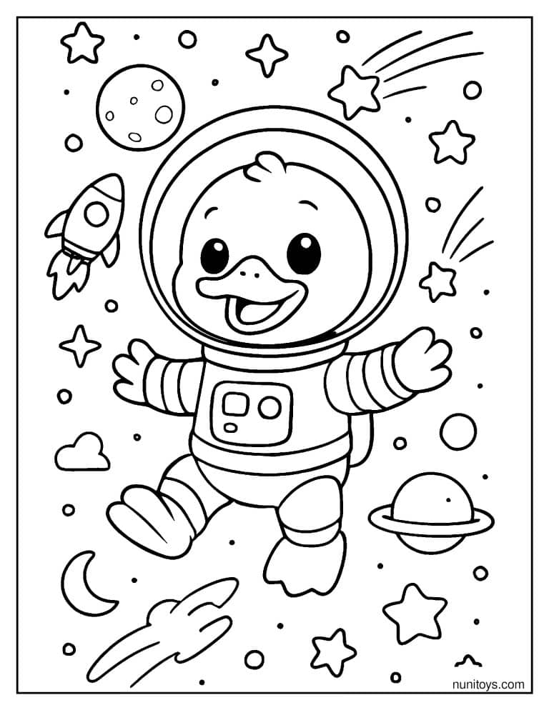Coloriage canard astronaute flottant parmi les planètes et les étoiles
