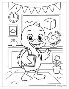 דף צביעה ברווז חוזר לבית הספר עם תיק וספרים