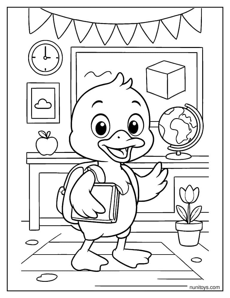 Coloriage caneton allant à l’école avec sac à dos et livre