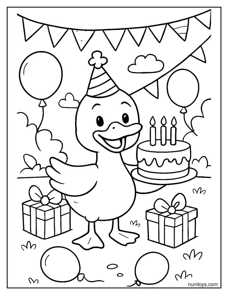 Coloriage canard fêtant son anniversaire avec gâteau et cadeaux