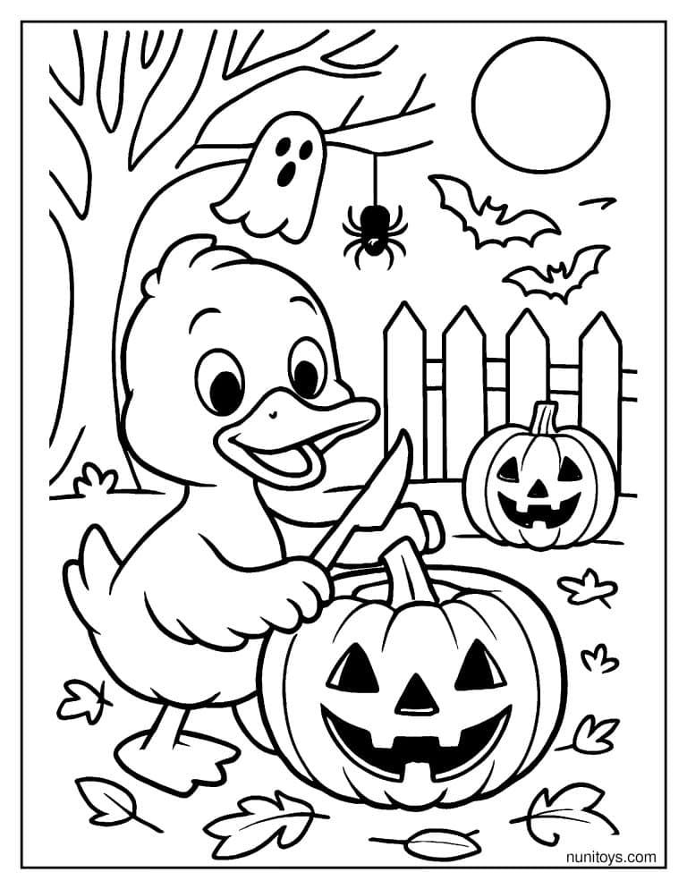 Coloriage canard sculptant une citrouille pour Halloween