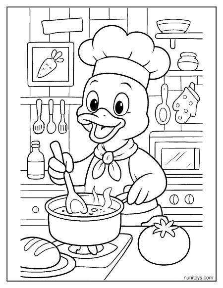 דף צביעה של ברווז שף מבשל במטבח