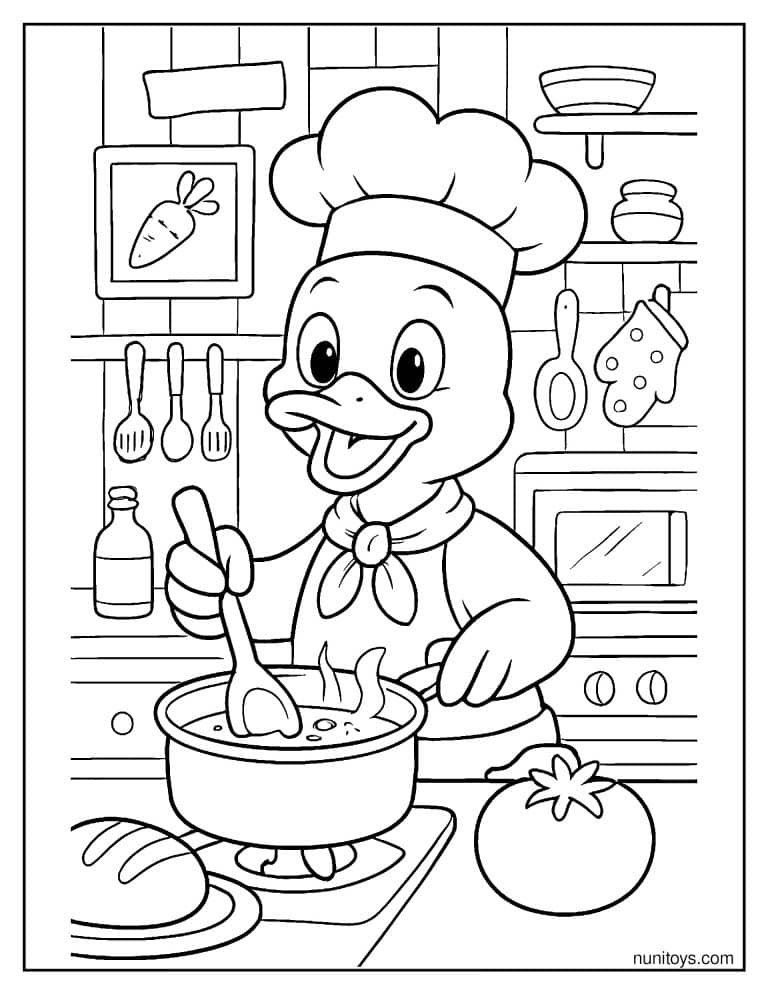 Coloriage canard cuisinier préparant un plat dans sa cuisine