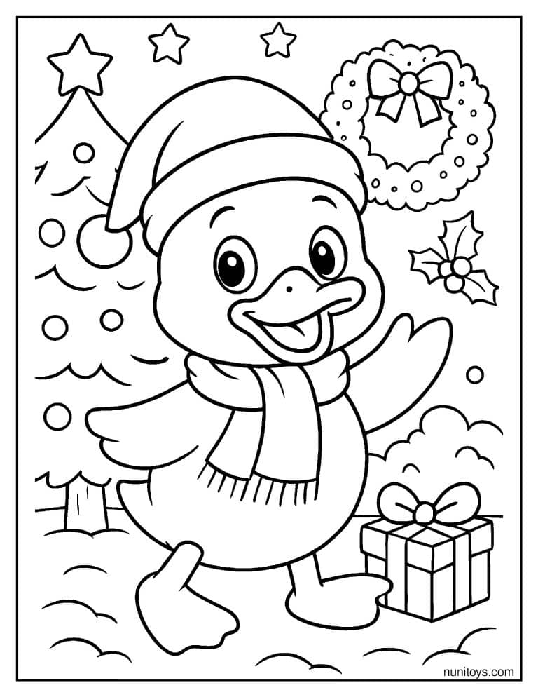 Coloriage canard de Noël avec bonnet, écharpe et cadeau