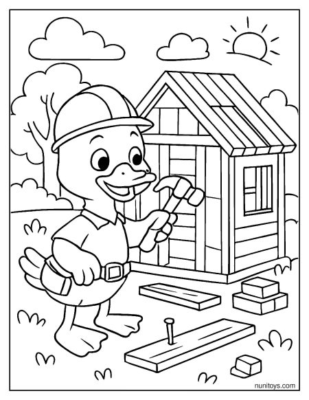 דף צביעה של ברווז פועל בניין בונה בית קטן