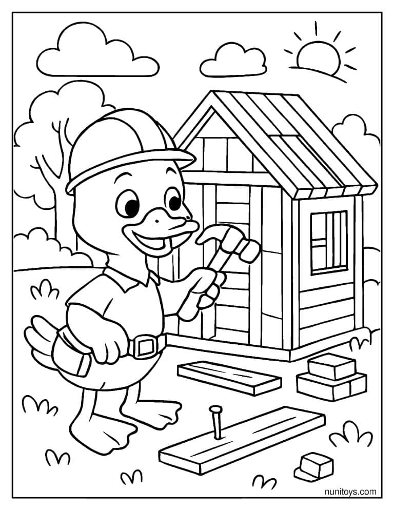 Coloriage canard charpentier construisant une cabane en bois