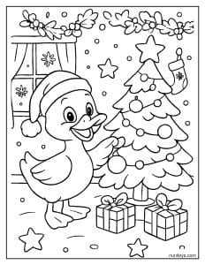 דף צביעה של ברווז מקשט עץ חג המולד עם קישוטים