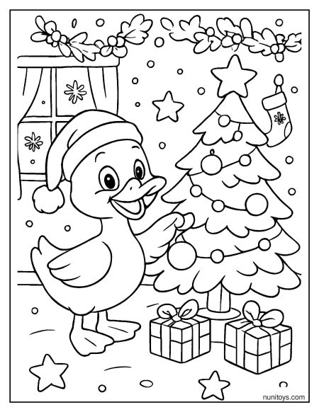 דף צביעה של ברווז מקשט עץ חג המולד עם קישוטים