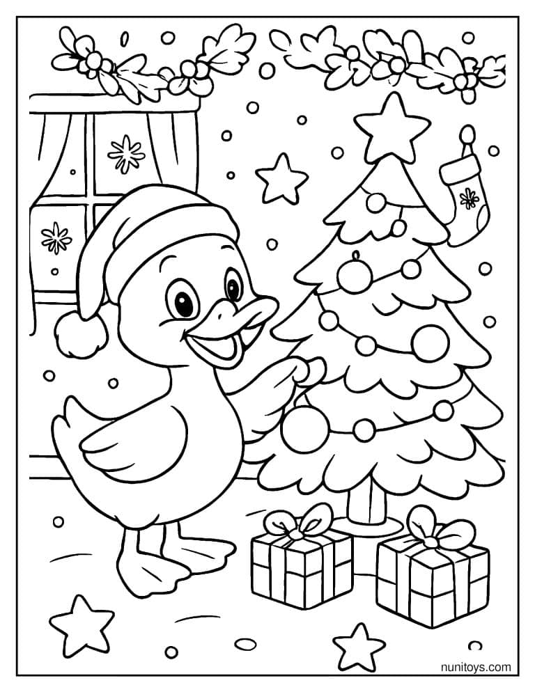 Coloriage canard décorant le sapin de Noël avec des cadeaux