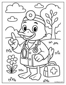 דף צביעה של ברווז רופא חמוד עם סטטוסקופ ותיק עזרה ראשונה