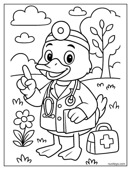 דף צביעה של ברווז רופא חמוד עם סטטוסקופ ותיק עזרה ראשונה
