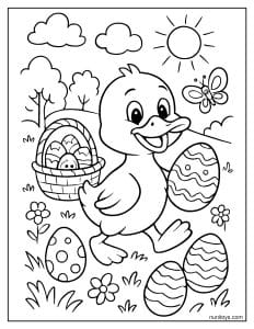 ברווז מחפש ביצי פסחא בגינה דף צביעה לילדים