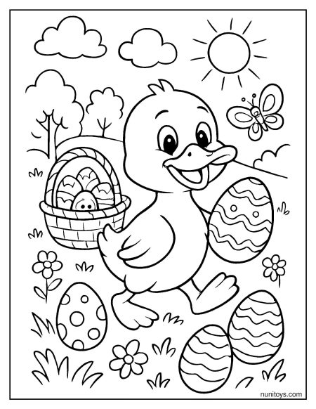 ברווז מחפש ביצי פסחא בגינה דף צביעה לילדים