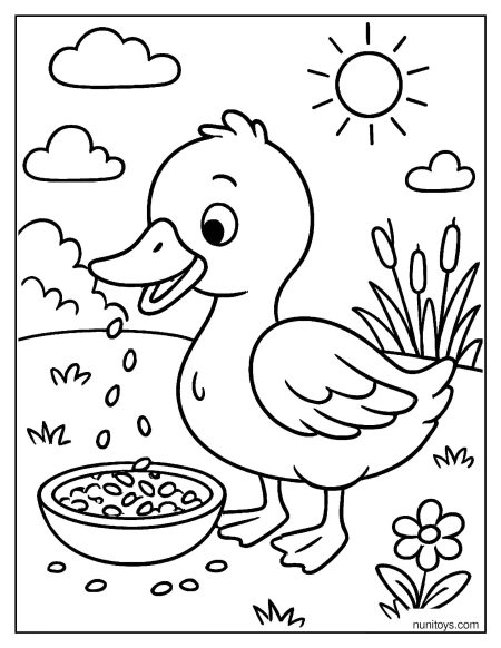 דף צביעה של ברווז חמוד אוכל גרגירים ליד קערה בטבע