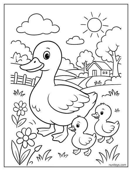 דף צביעה של משפחת ברווזים חמודה מטיילת בשדה כפרי בין פרחים