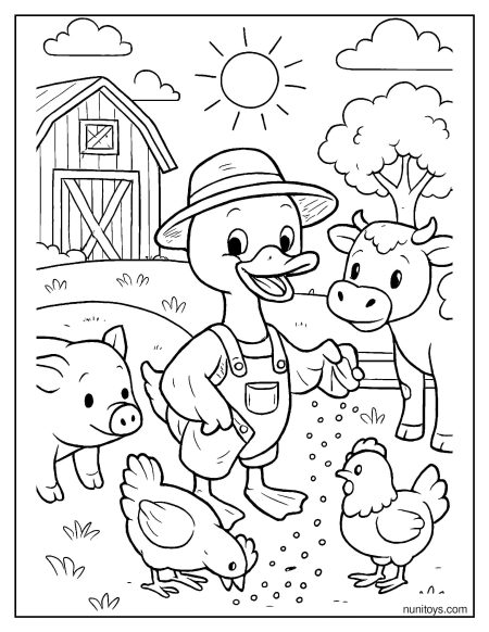 דף צביעה של ברווז חקלאי מאכיל חיות בחווה