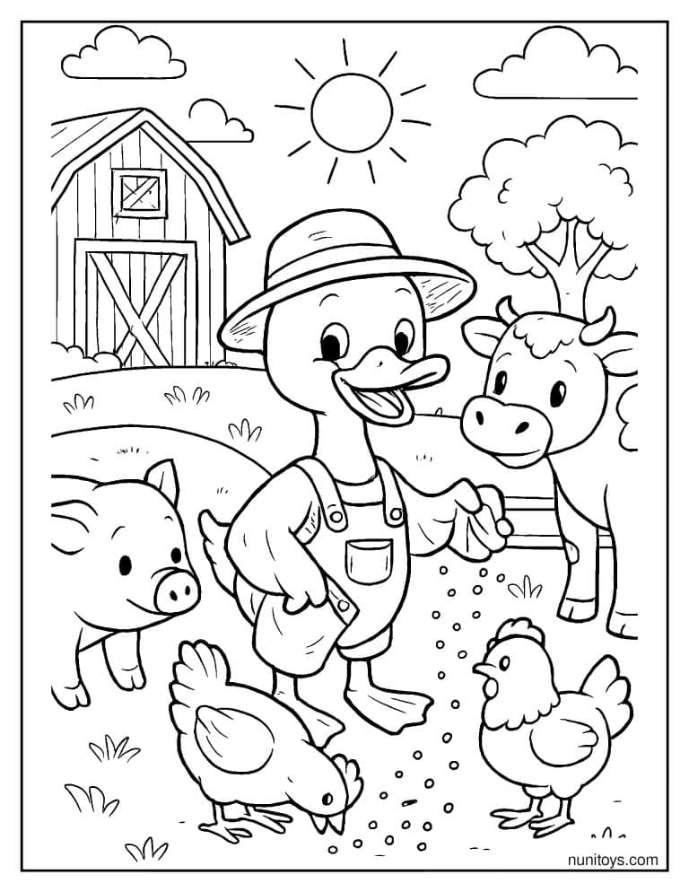 Coloriage canard fermier nourrissant les animaux près de la grange