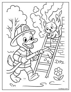 דף צביעה של ברווז כבאי מציל חתול על סולם