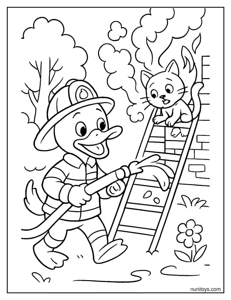 Coloriage canard pompier sauvant un chat avec une échelle