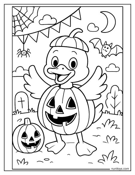 ברווז בתחפושת דלעת לליל כל הקדושים דף צביעה לילדים