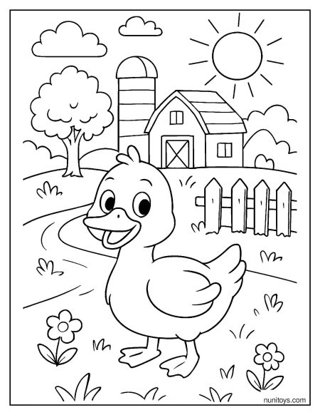 דף צביעה של ברווז חמוד בכפר ליד חווה וגדר בין פרחים