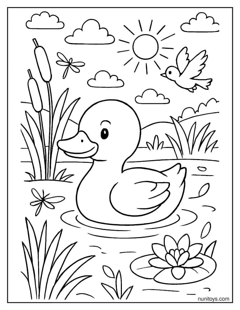 Coloriage canard nageant avec libellules et oiseau près des roseaux