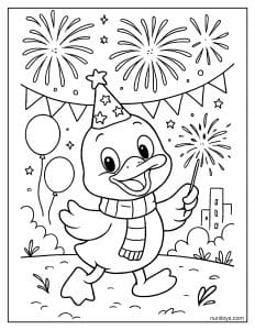 דף צביעה ברווז חוגג עם זיקוקים לשנה החדשה