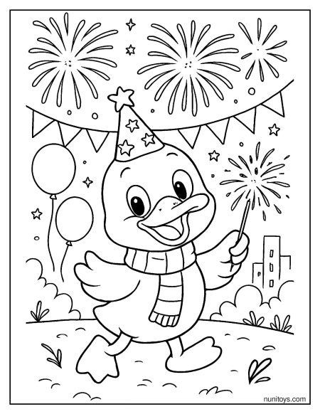 דף צביעה ברווז חוגג עם זיקוקים לשנה החדשה