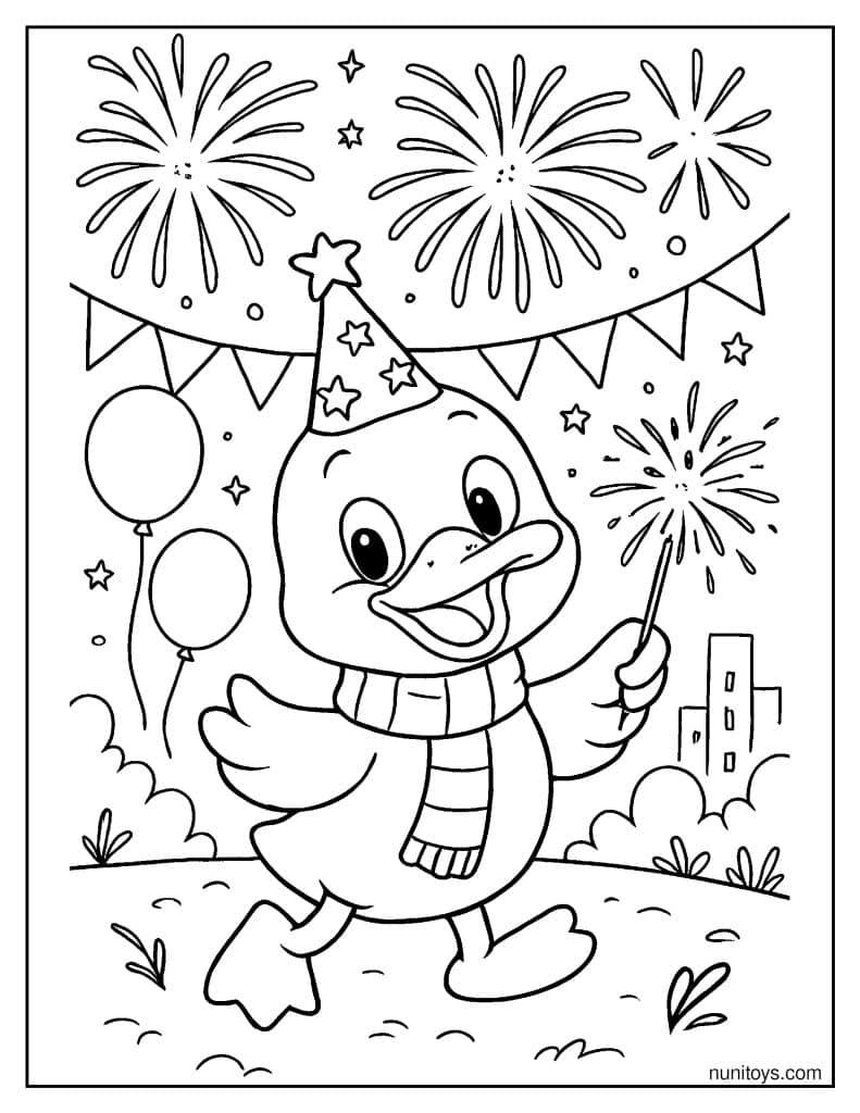 דף צביעה ברווז חוגג עם זיקוקים לשנה החדשה