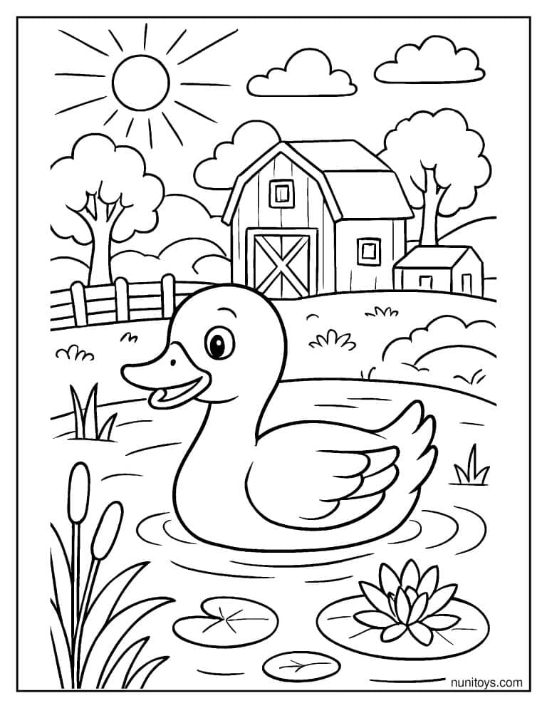 Coloriage canard nageant dans l’étang près d’une ferme